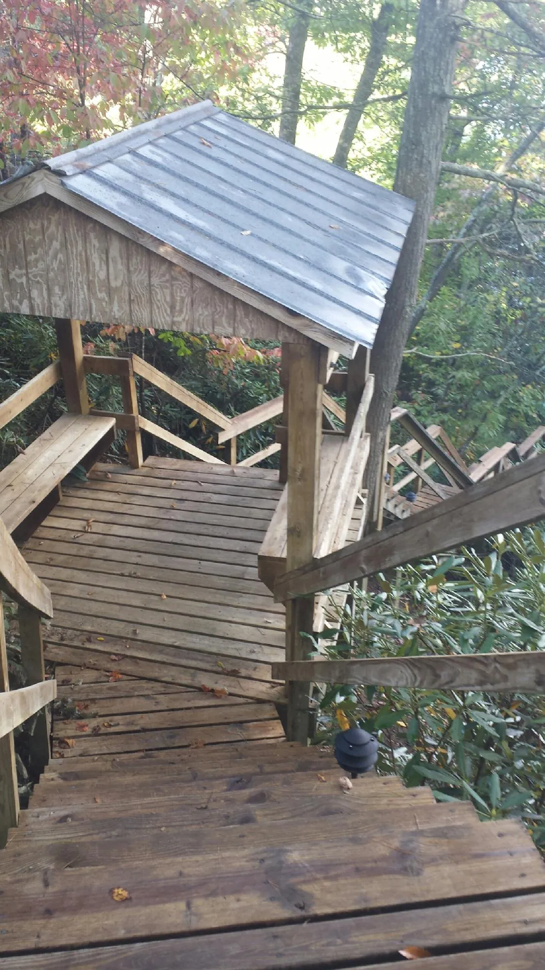 Metal roofed shelter over wooden steps on a wooded walkway — Skylight Repair & Installation work by our crew in De Mossville